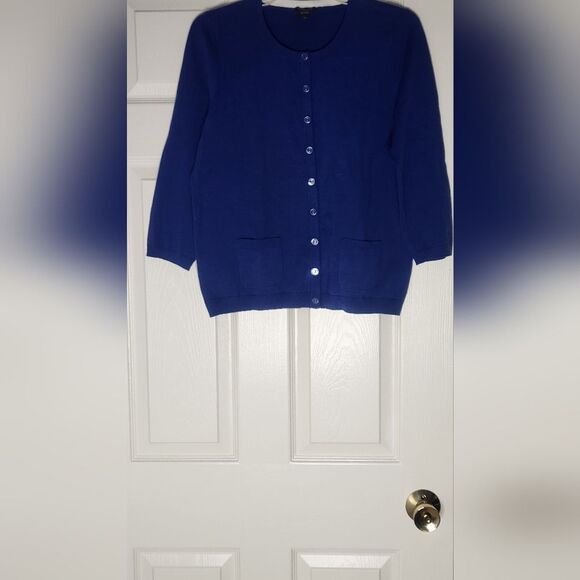Talbots LP Navy Blue  PIMA COTTON Blend 3/4 Slv Pockets CardiganTimeless Design - Picture 1 of 7